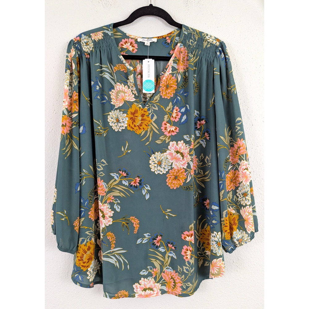New Monday Fun sz 2X Kinny split neck smocked Blouse teal green floral top 1679